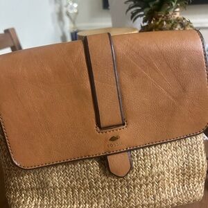 Fossil Tan Leather and Woven Crossbody Bag